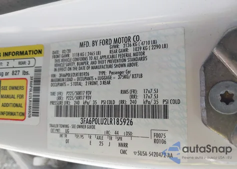 2020 Ford Fusion Hybrid Se from USA, damaged, VIN 3FA6P0LU2LR185926